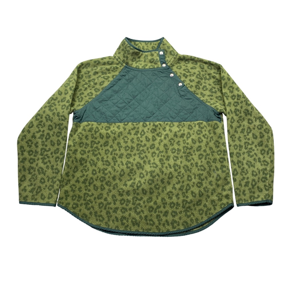 J.Crew Green Leopard Fleece Snap Mock Neck Quilted Pullover BA200 XL Gurnge